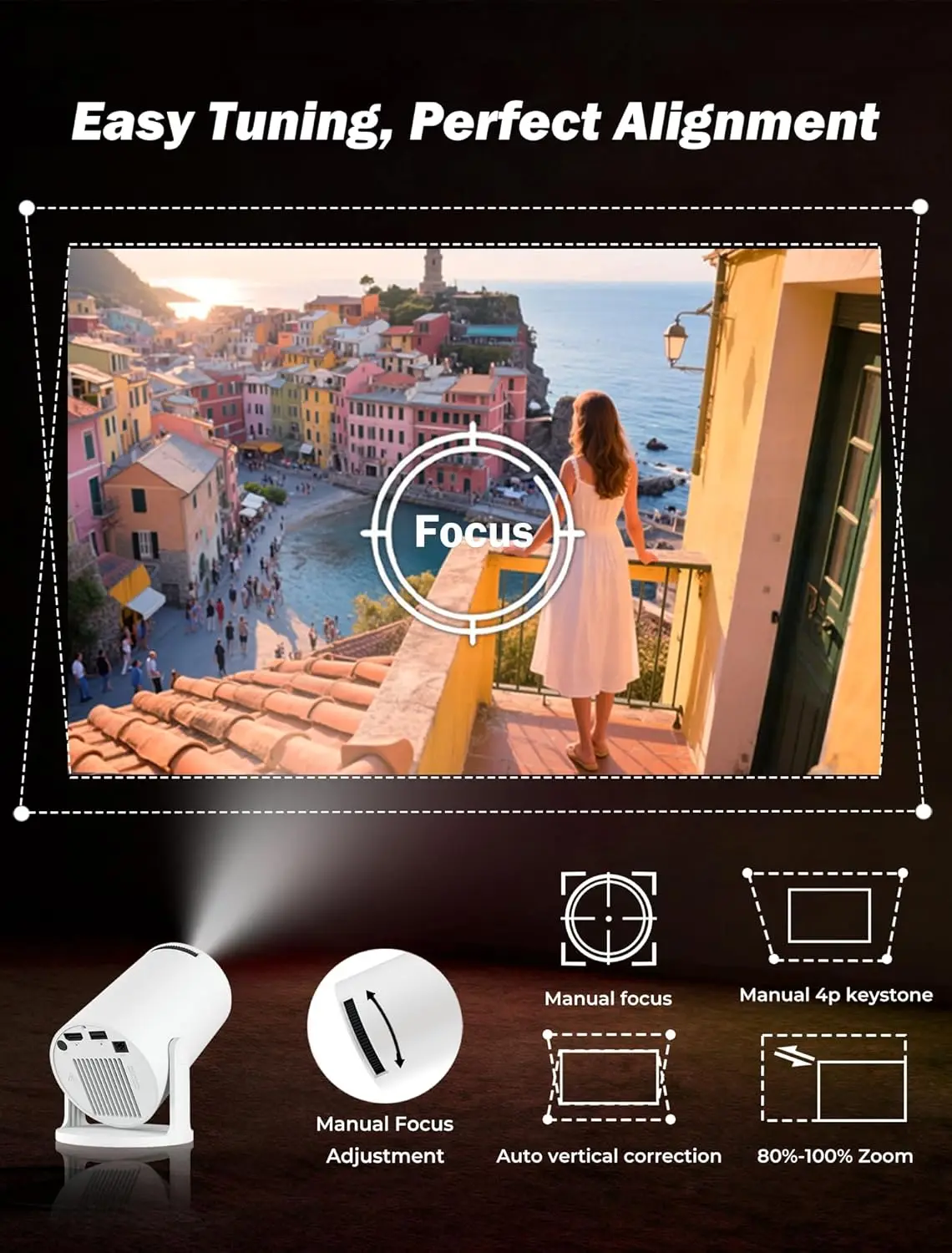 Mini Projetor 4K com Wifi6 e Bluetooth 5.0, Correção Auto Keystone, Portátil para Filmes ao Ar Livre