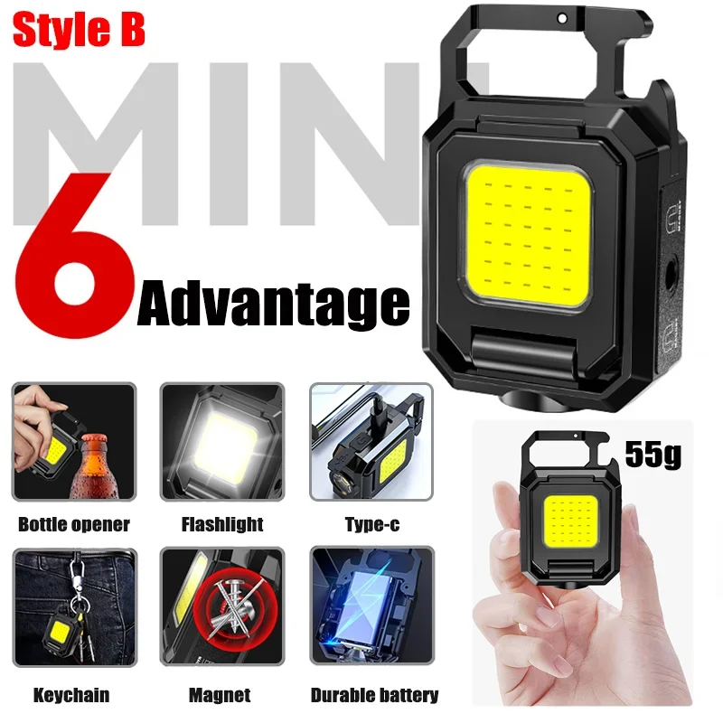 Mini llavero de luces recargable por USB, linterna de bolsillo, luz de trabajo, impermeable, imán de pesca, Camping de emergencia, lámpara de