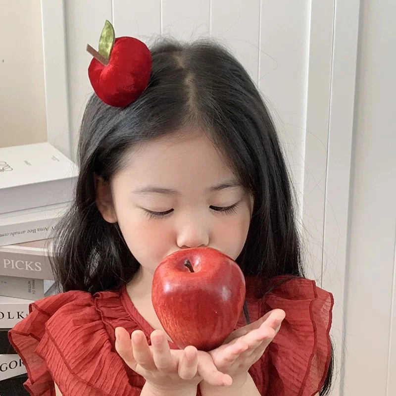 Pinza para el pelo navideña de manzana de terciopelo, tocado tridimensional dulce de Nochebuena, pinza para el pelo con clip superior rojo para bebé