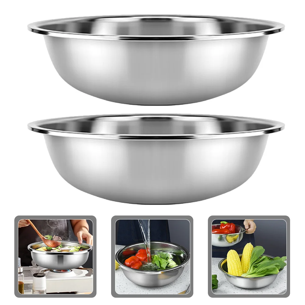 

2Pcs Large Stainless Steel Basin Flat Bottom Kitchen Vegetable Wash Bowl Multifunctional Storage Mixing Bowl Household Cooking