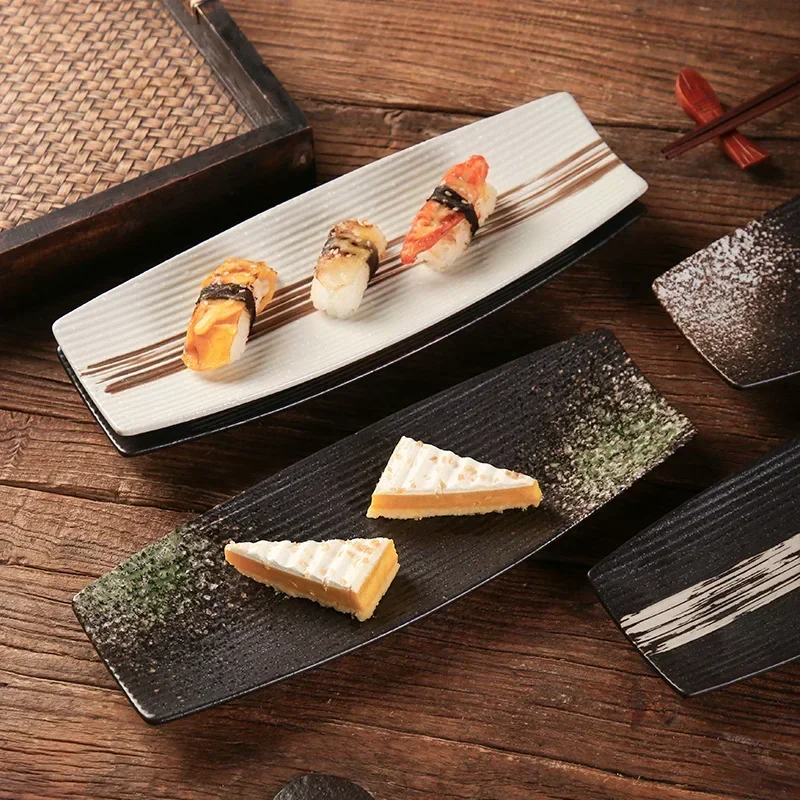 

Japanese cuisine Sushi plate Commercial ceramic tableware Sashimi plate BBQ dim sum cake plate Creative strip