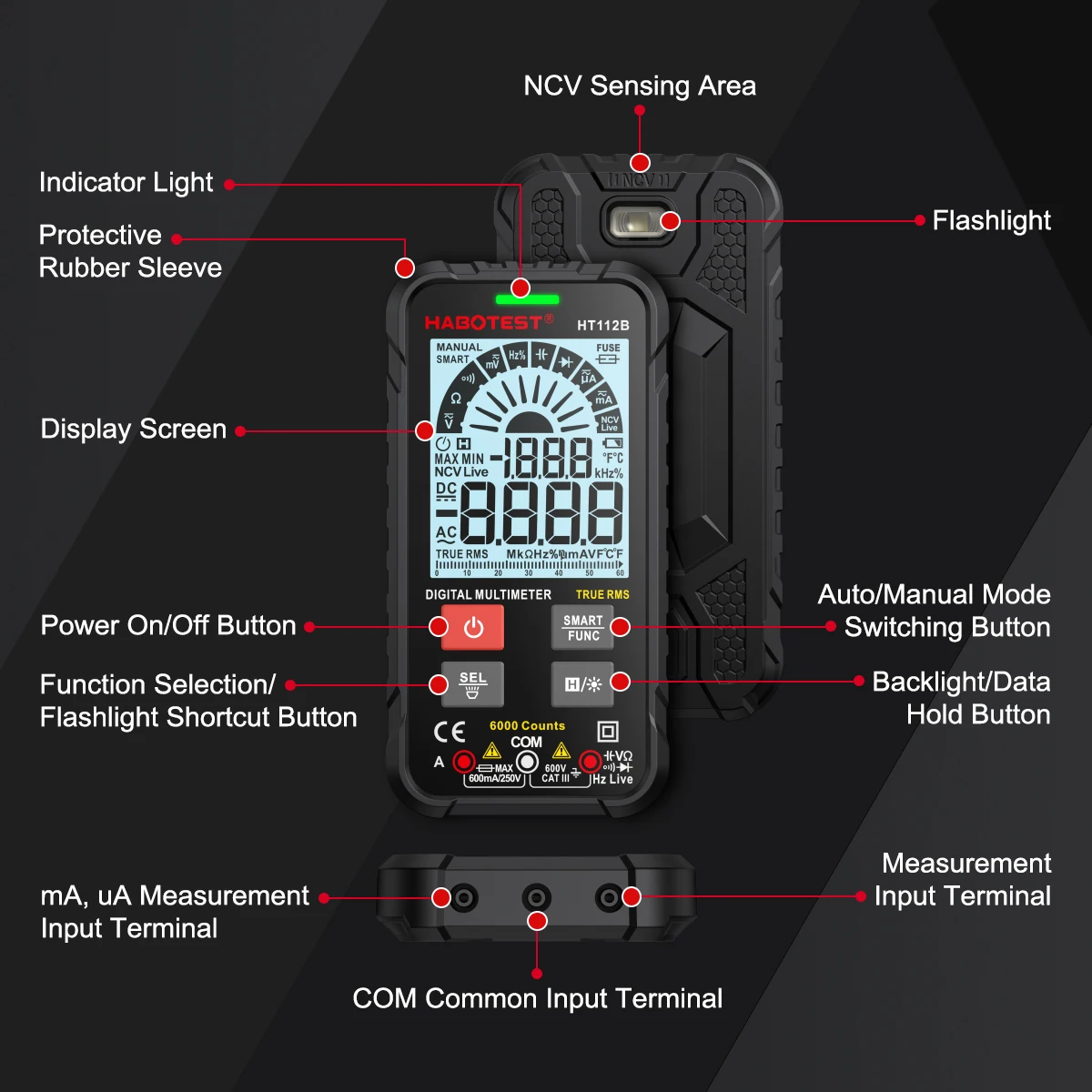 HABOTEST HT112B cyfrowy inteligentny multimetr Auto zakres DMM woltomierz True RMS NCV miernik napięcia 4000 liczy inteligentny Multitester