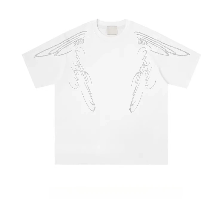 2026 Summer New Men's American Punk Street Hip Hop Style Black White Wing Rhinestone Loose Casual O-Neck Short Sleeve T-Shirt