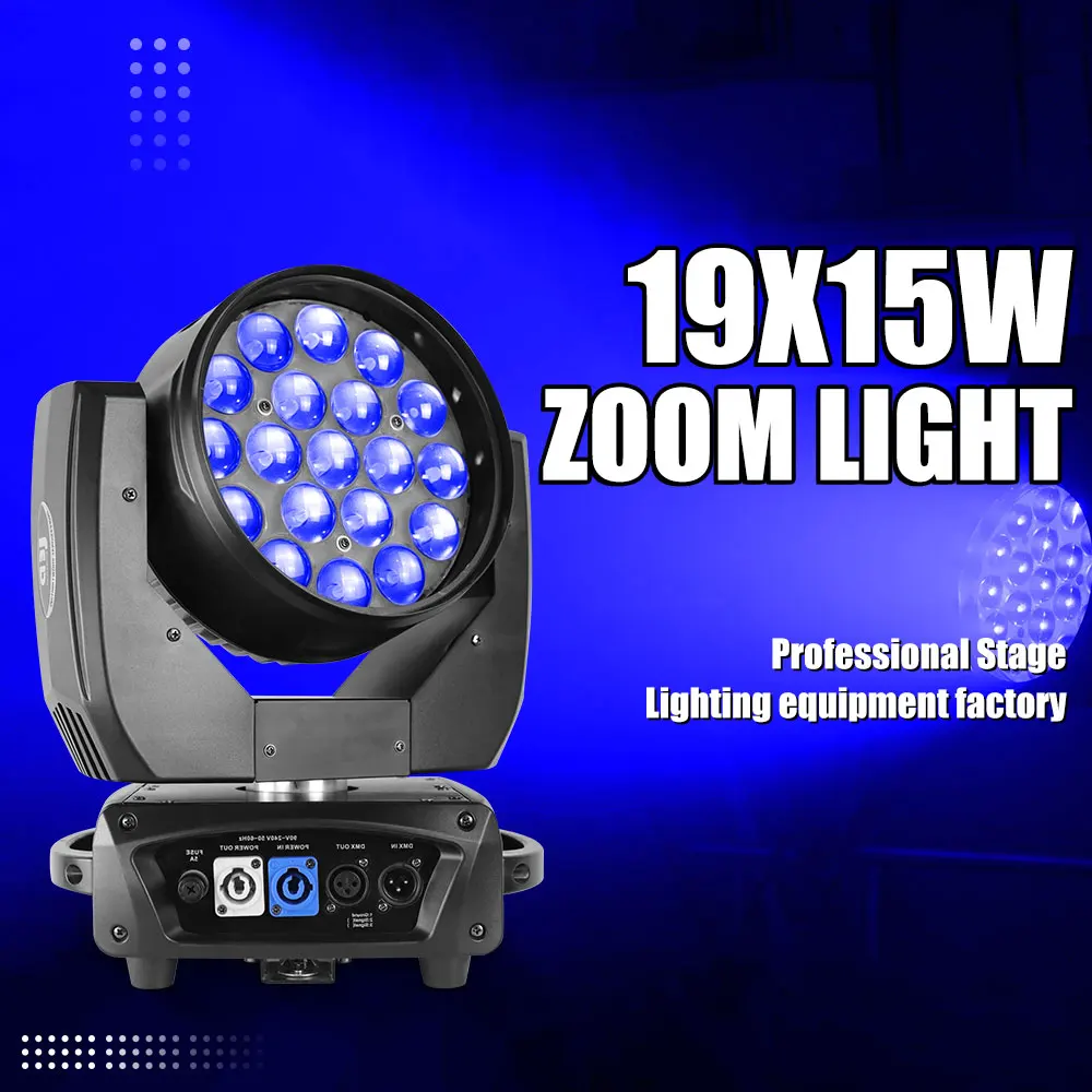 

RGBW Moving Head Lighting Strobe 19x15W Zoom Wash with DMX512 Control for DJ Disco Home Party Nightclub