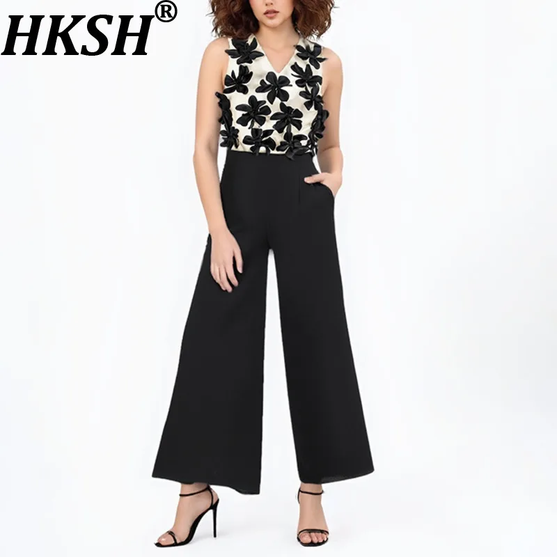HKSH Wiosna Lato Nowy Damski Kombinezon Bez Rękawów Dekolt V Przezroczysta Siateczka Trójwymiarowe Kwiatowe Wstęgi Szerokie Nogawki Modny HK18028