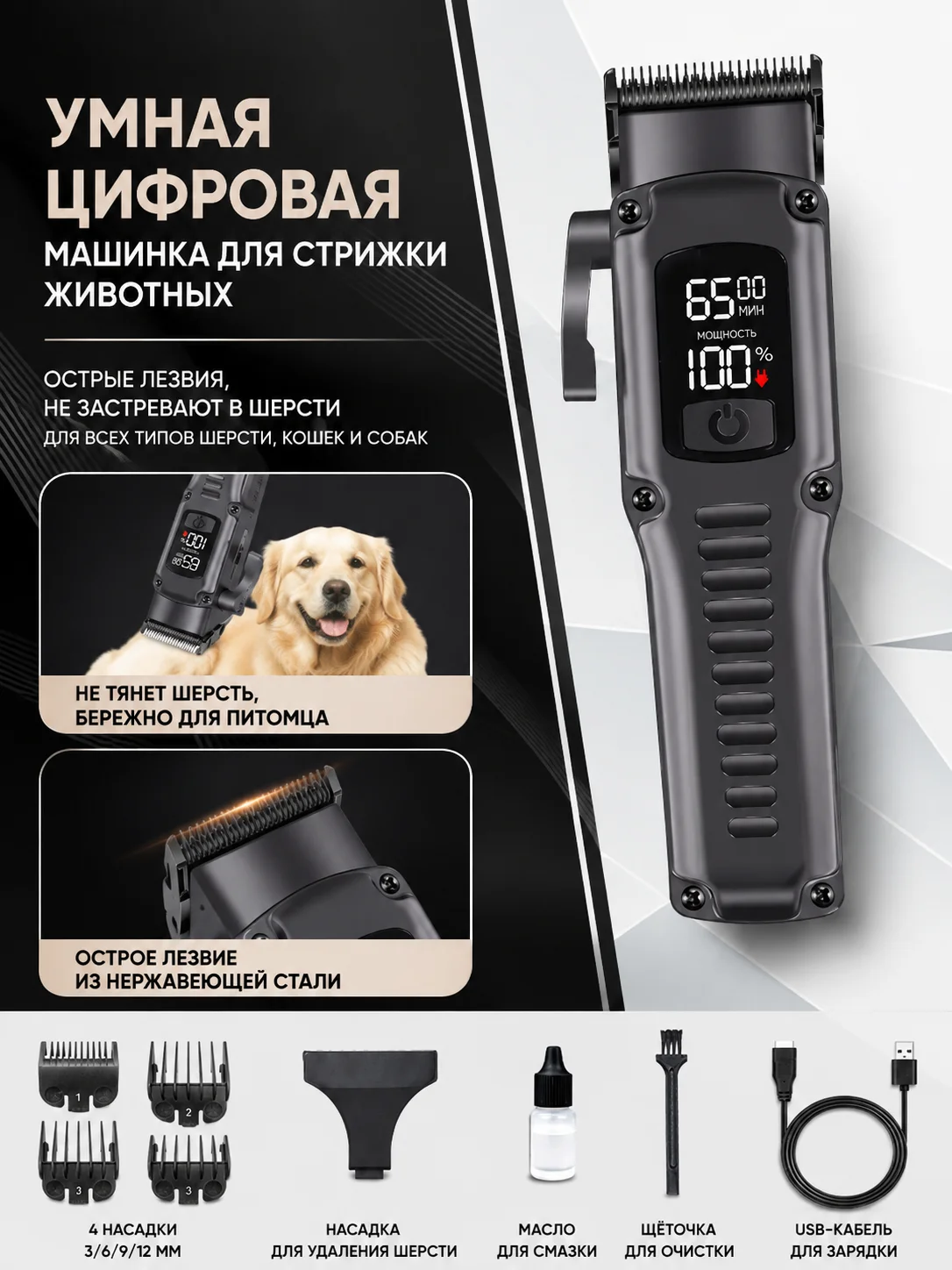 6500 RPM Rechargeable Dog Cat Hair Clipper LCD Display 4 Head 3/6/9/12mm USB