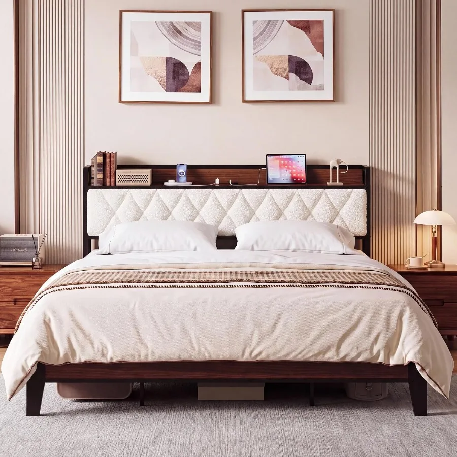 King Size Bed Frame with Headboard and Built-In Charging Station in Matte Black Metal for Modern Bedrooms