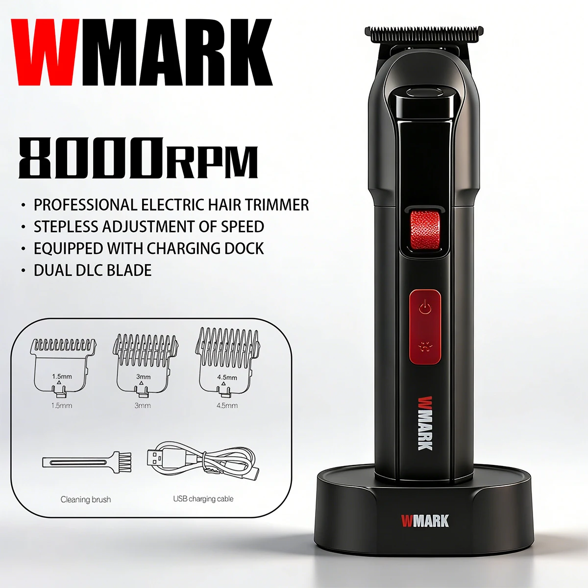 WMARK Ng-8202 Professional Electric Hair Trimmer 8000RPM Stepless Adjustment Dual DLC Blade Barber Shop Clipper Charging Dock