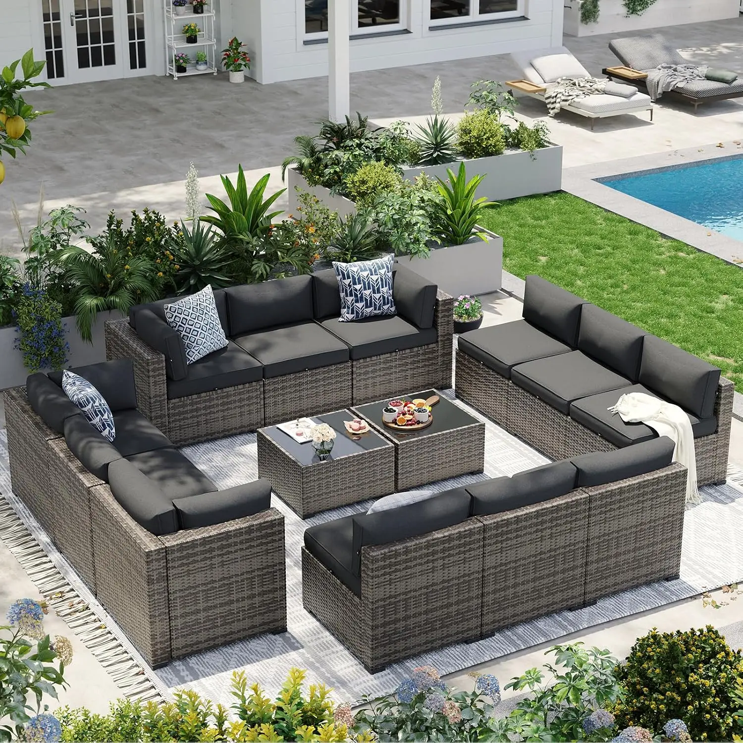 Patio Furniture Set 14-Piece With 44in Propane Firepit Table, Wicker Sectional Sofa For Backyard Poolside Garden, Customized