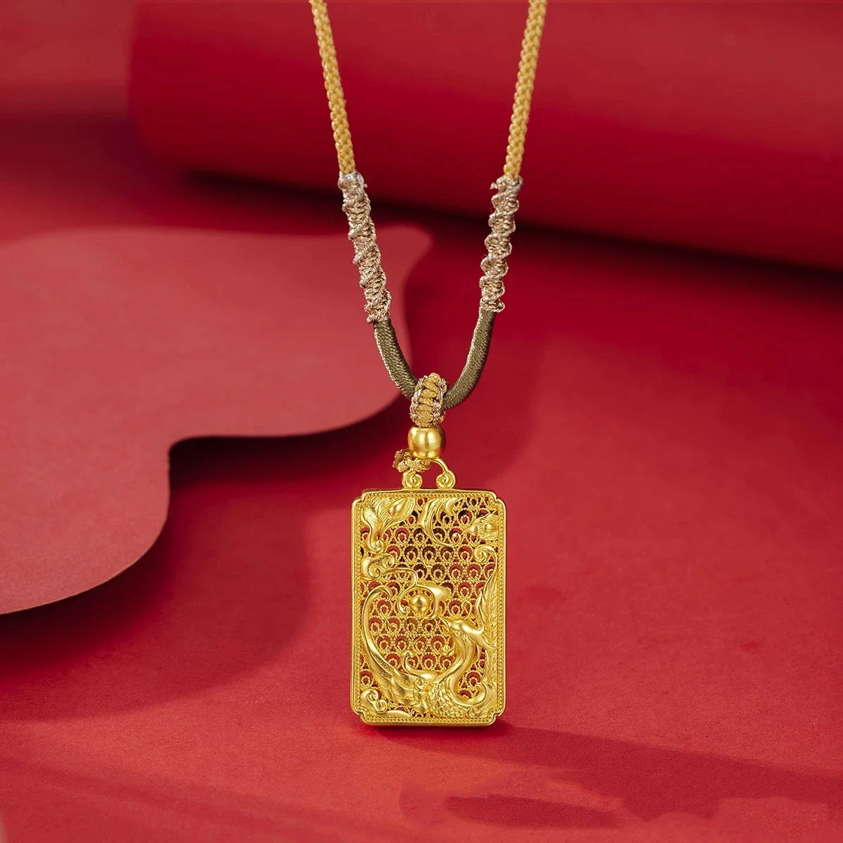 NovaGlod Gold store 24K real gold dragon and phoenix pendant phoenix brand au9999 pure gold rope couple necklace