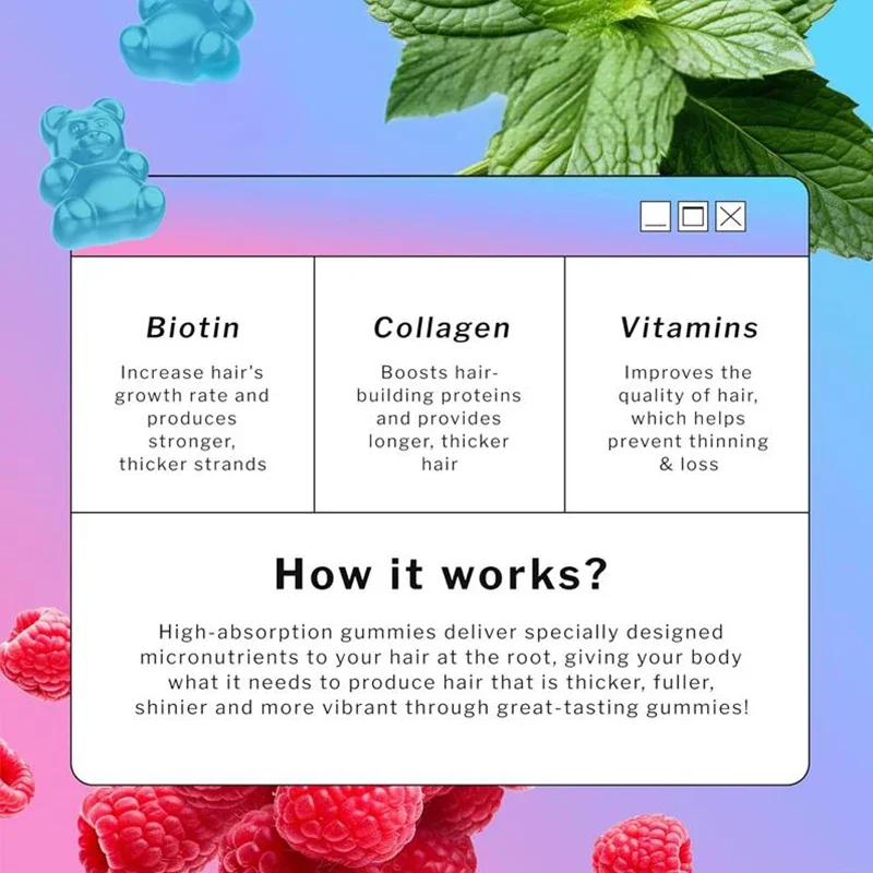 علكات الكولاجين البيوتين - شعر الرجال والنساء، والجلد والأظافر تحتوي على فيتامينات B1، B2، B3، B5، B7، B9 وD الكيراتين