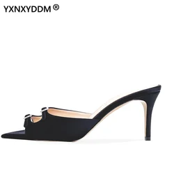 2024 New Women's Pointed Toe Black Satin Mules Summer Sandals Ladies Stilettos High Heels Party Shoes Elegant White Shoe 7cm