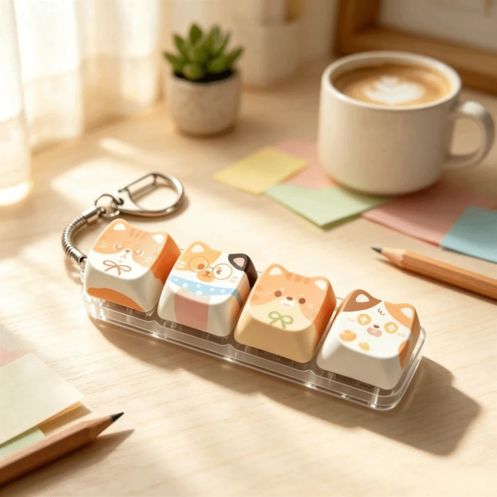Finger-Tip Pressing Button Cat Fidget Clicker Keychain 4-Key Cute Cat Cat Mechanical Keyboard Keyring Creative Kawaii