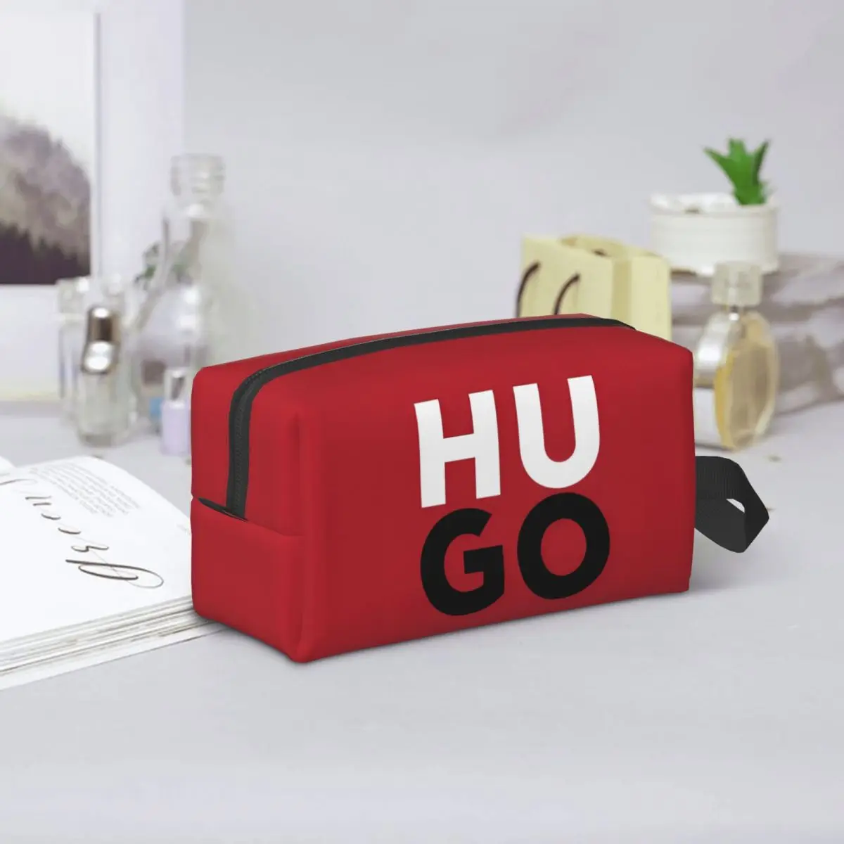 Bolsa de maquillaje con logotipo de letras para mujer, H-HUGO de viaje grande, bolsa de almacenamiento de artículos de tocador con cremallera