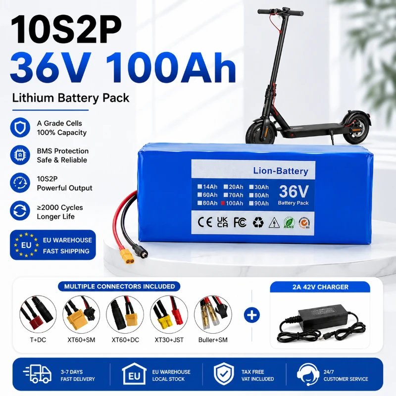 36V 100Ah Scooter-Akkupack 18650 Lithium-Batterie 10S2P mit BMS für E-Bike Motorrad EU Schnellversand