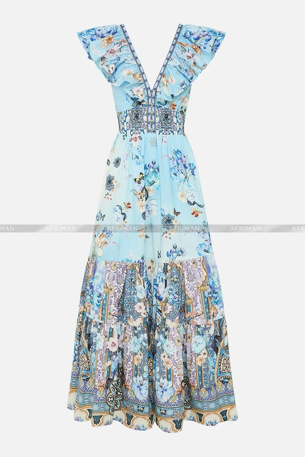 Women V Neck Crystal Beaded Flying Sleeve Blue Flower Print Elastic Waist Big Swing Cotton Dress