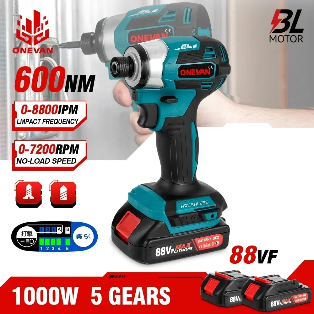 ONEVAN 600N.m Brushless Electric Screwdriver 5-Speed Cordless Electric Impact Driver Kit Cordless Drill for Makita 18V Battery