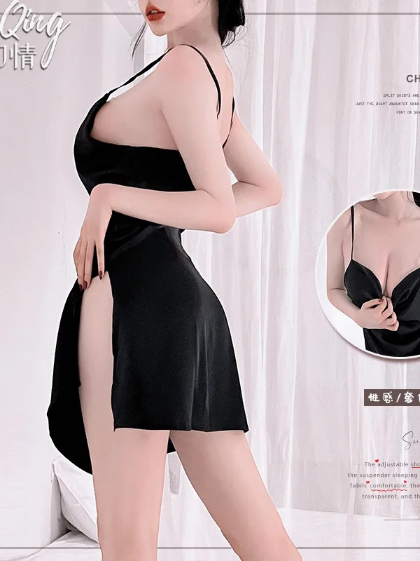 Hollow Sexy Female Back Silk Slippery Mature Charm Elegant Gentle Solid Hollow Out New Sling Underwear Tempting Home Dress T34E