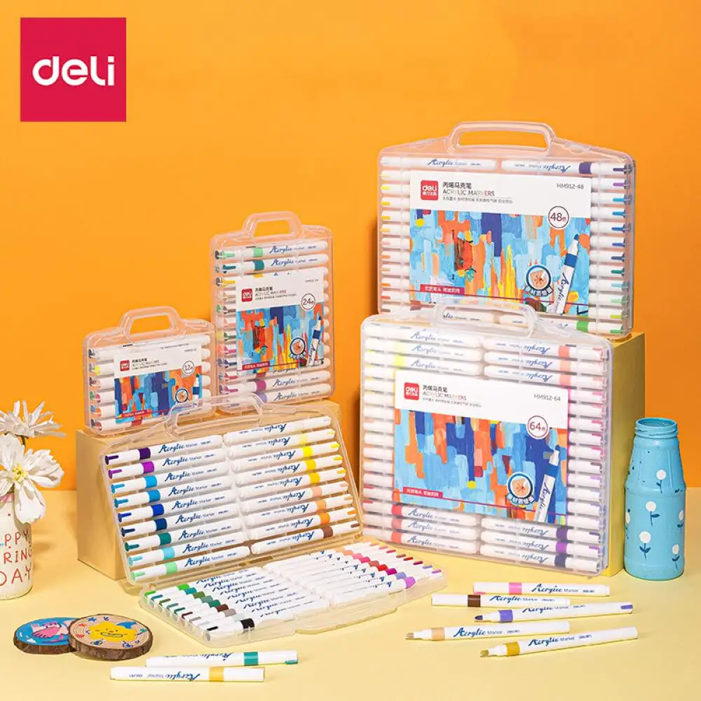 Deli 12/24/36 Colors Paint Markers Waterproof Quick Drying Acrylic Marker Pens for Wood Rock Canvas Cups Birthday Gifts