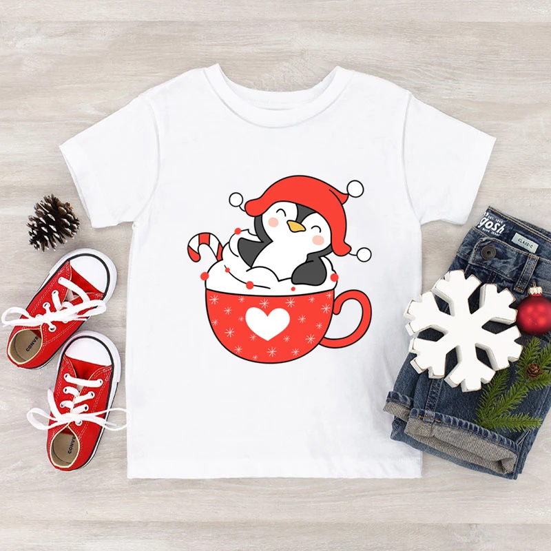 Kids Graphic Funny Short Sleeve Merry Christmas T-Shirts Cartoon Penguin Coffee Print Boy Tops Fashion Xmas Gift Tshirt For Girl