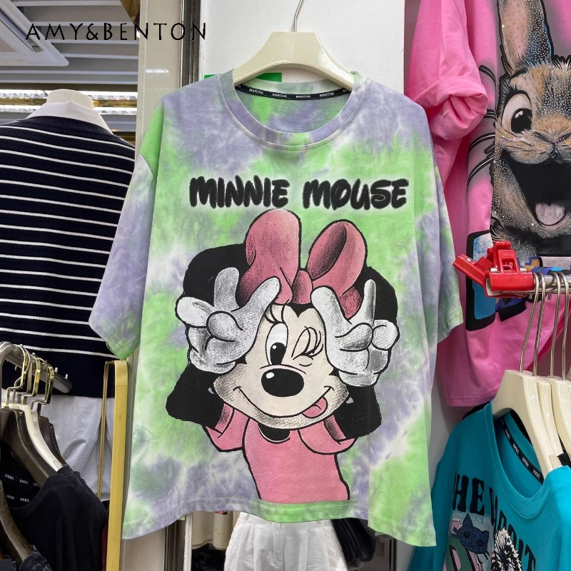 

2025 Spring Summer New Heavy Industry Cartoon Tie-dye Printed Letter T Shirt Women's Loose Fashion Design Short Sleeves T-shirts