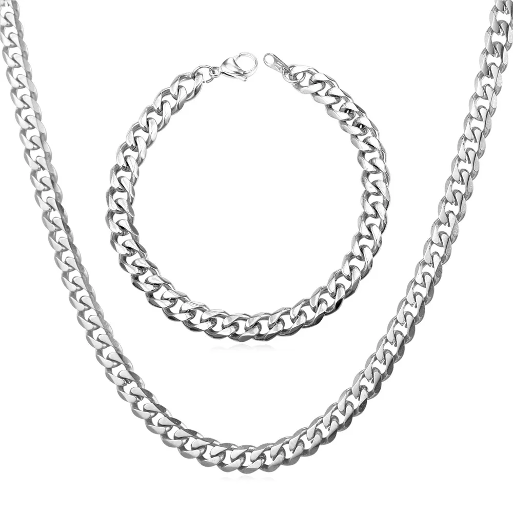 U7 3mm Cuban Chain Bracelet Necklace Jewelry Sets Stainless Steel 8.3inches Bracelet 18-30inches Necklace Set for Man Woman