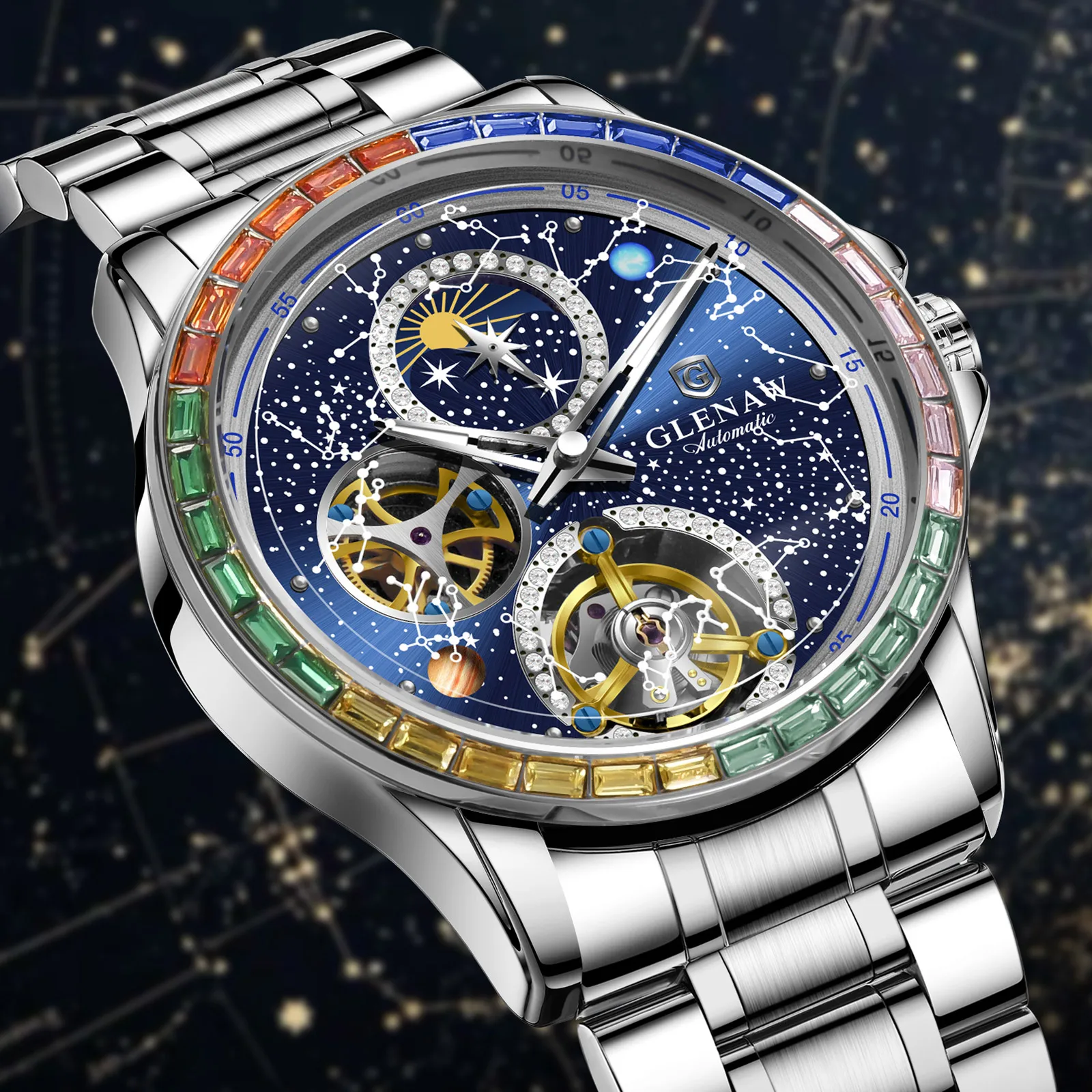 2026 GLENAW Design New Rainbow Circle Mechanical Watch Men 43MM Constellation Dial Men Watch Luminous Waterproof Automatic Watch
