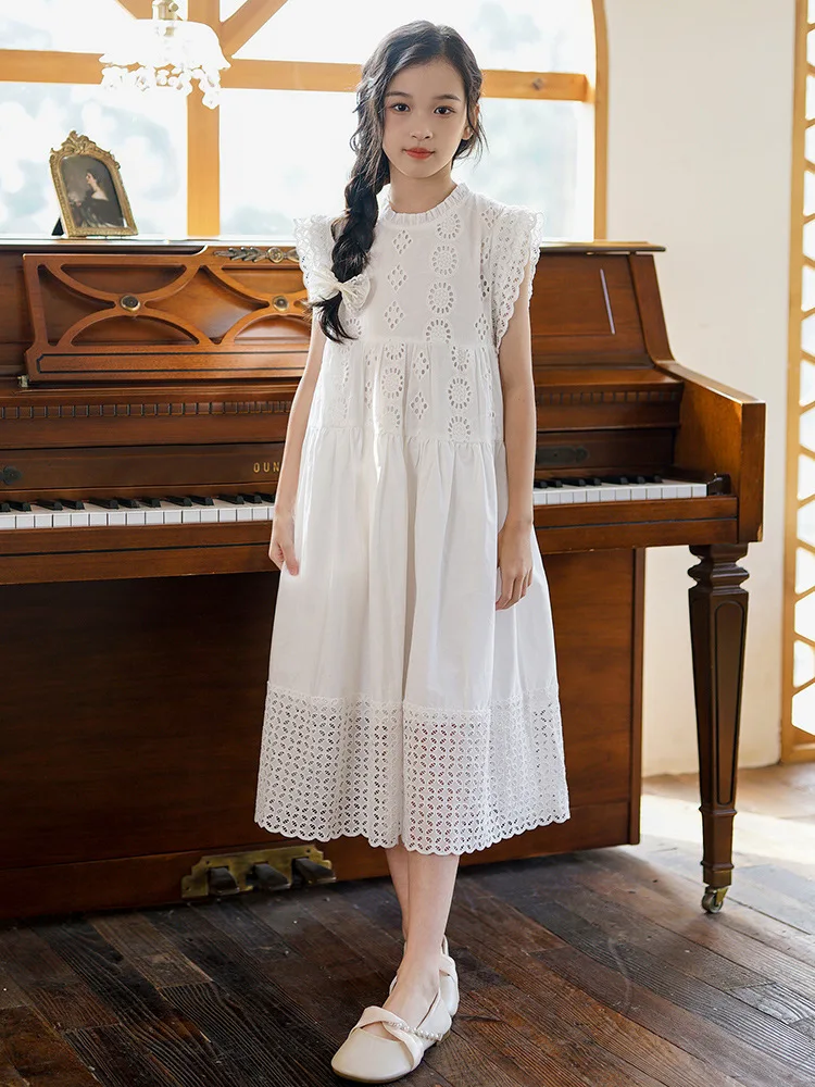 2026 Kid Girl Dress Princess Costume White Hollow Out Lace Dress Casual Baby Girls Clothes Fashion Summer Party Wedding Dresses
