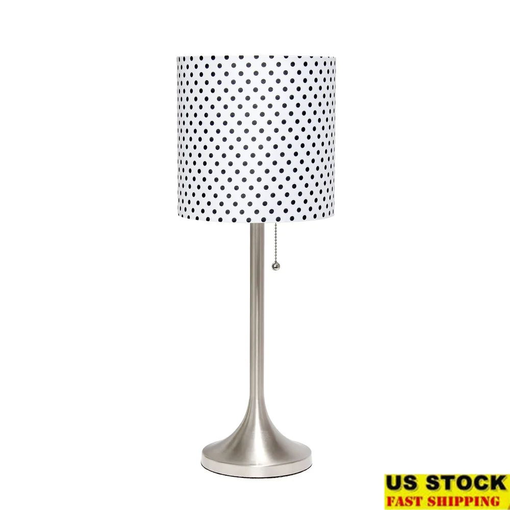

Brushed Nickel Table Lamp with Polka Dot Fabric Drum Shade Pull Chain Switch Contemporary Lighting Home Office Decor