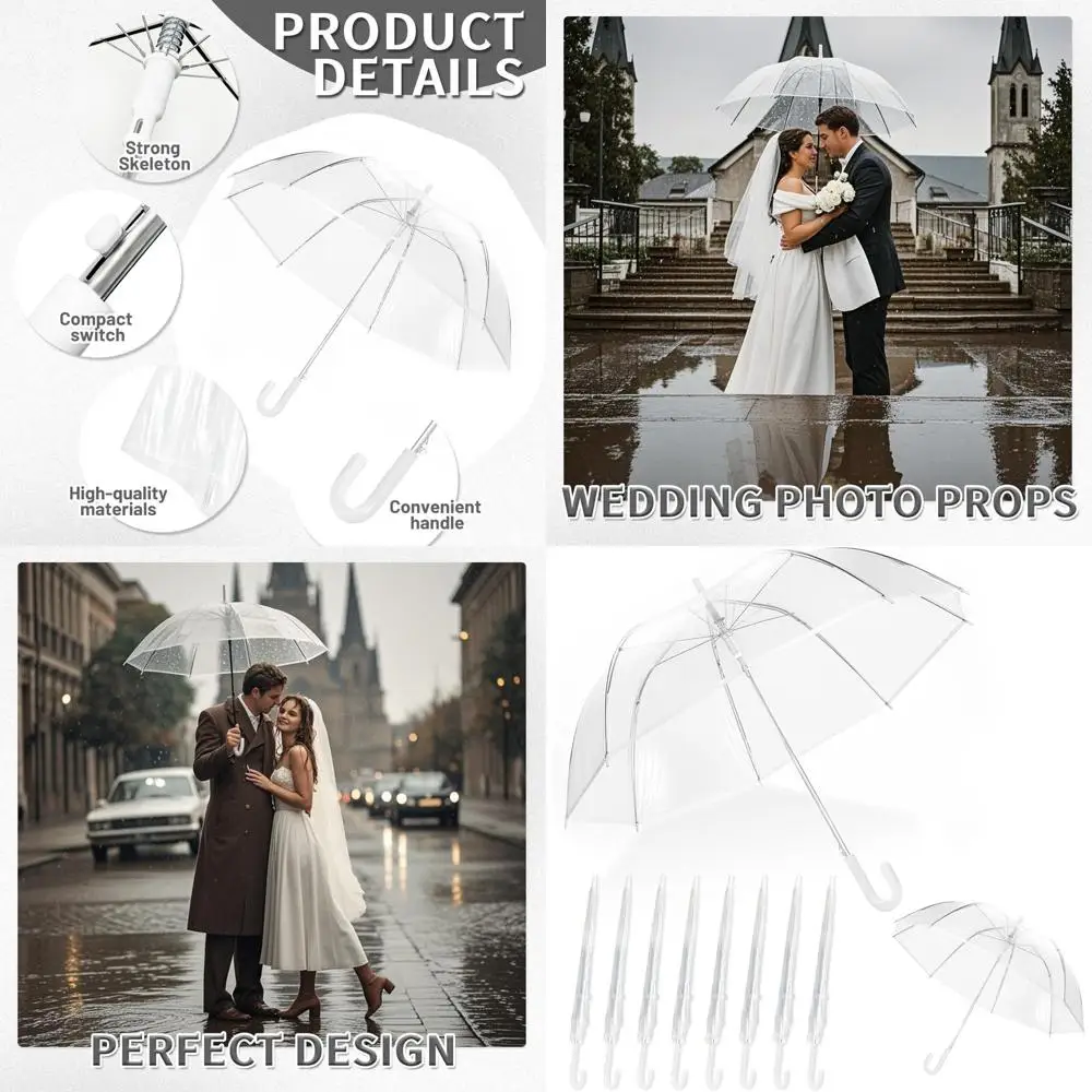 

Bulk Clear J-Handle Umbrellas for Weddings, Large Windproof Transparent Umbrellas for Two