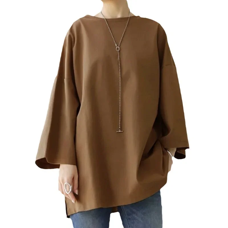 Women Blouses Casual Loose Long Flare Sleeve Solid Color Blusas Mujer Korean Fashion BF Oversize Tunic Tops T-shirts