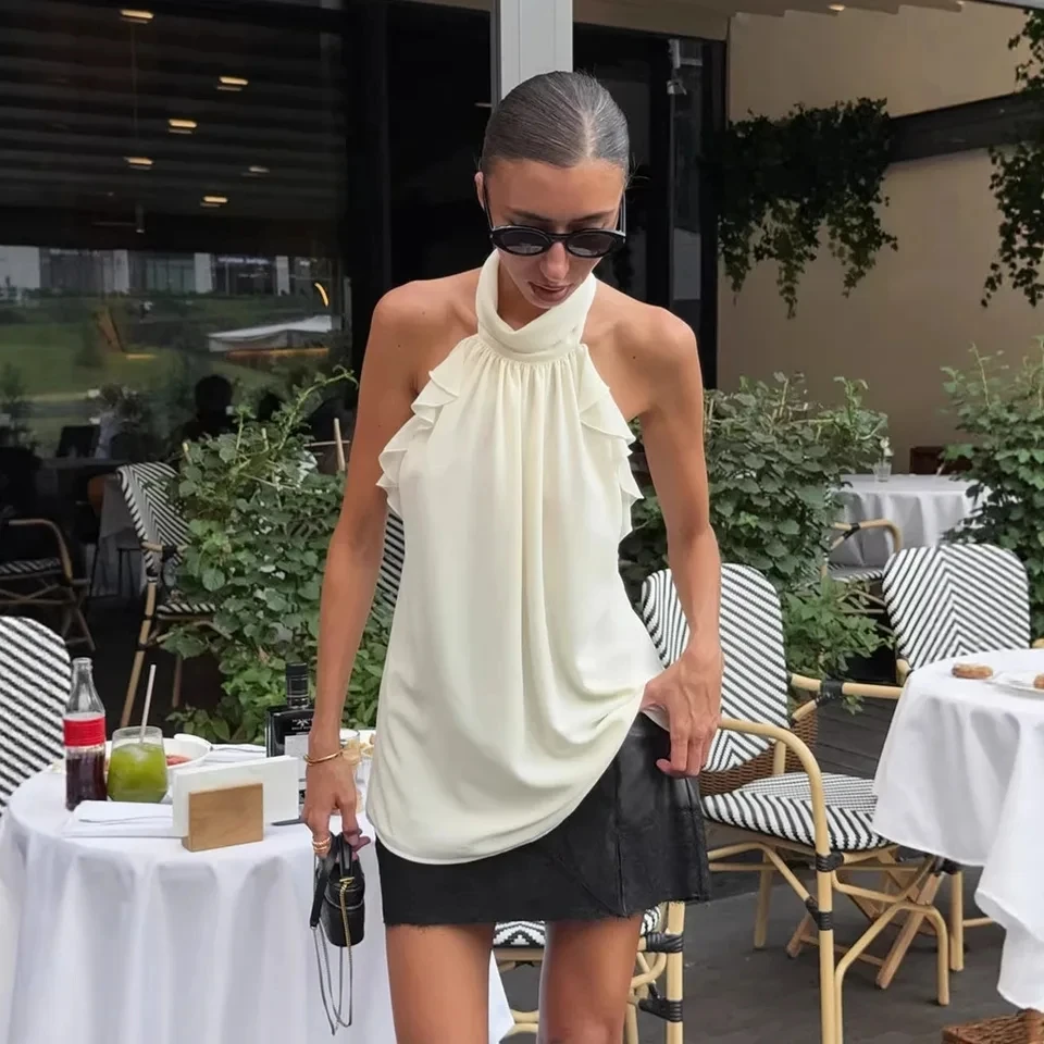 

2026 Summer Ruffle Trim Halter Neck Tie Camisole Top Women Design Sense Backless Sleeveless Chiffon Top