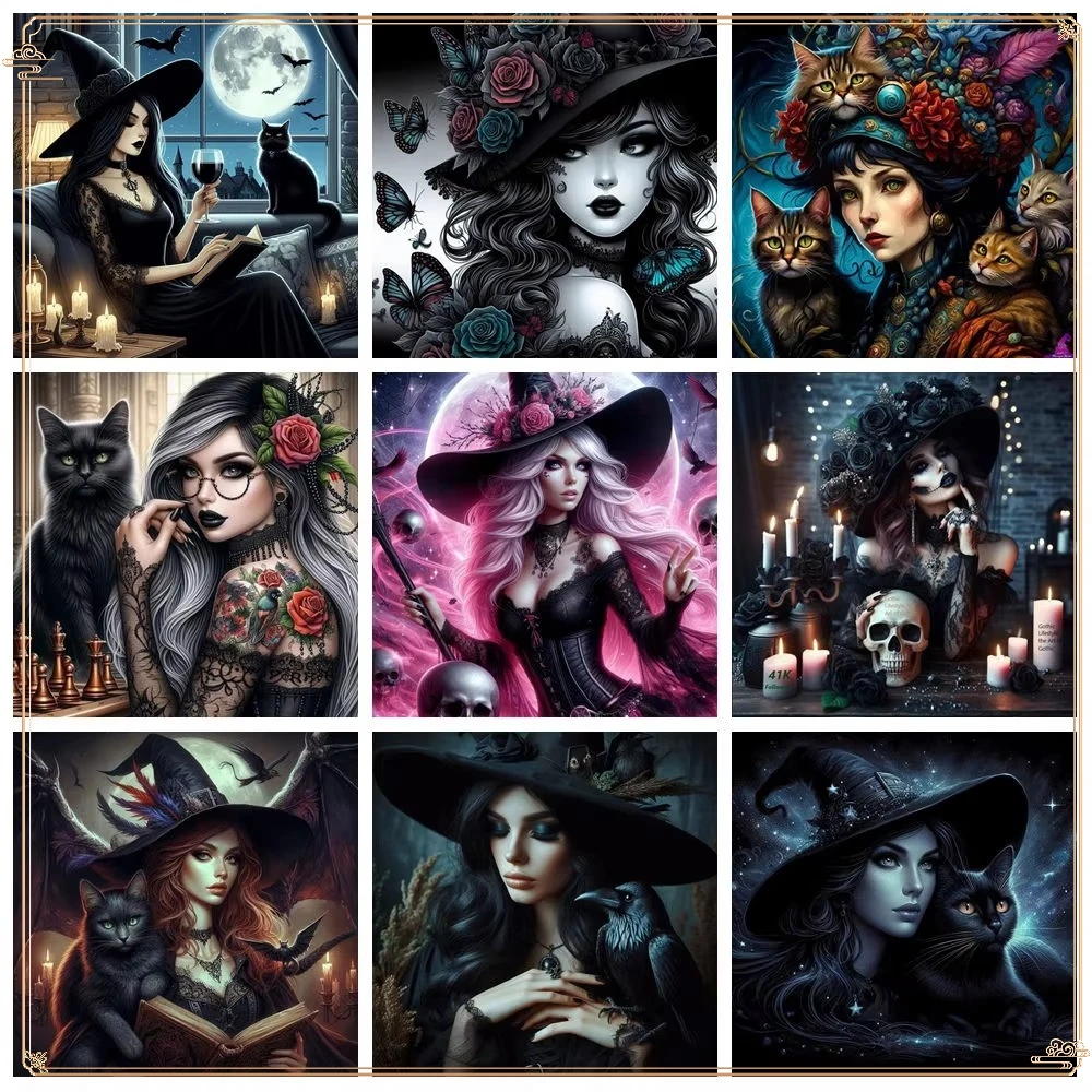 لوحة زيتية بالأرقام جديدة 2025 ديكور منزلي جميل للساحرة والقطط للهالوين #1