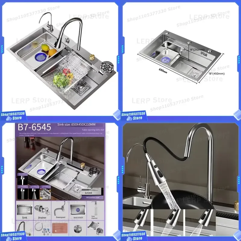 Modern Rectangular Stainless Steel Kitchen Sink Single Bowl with Waterfall Feature Single Hole Design for Home Base