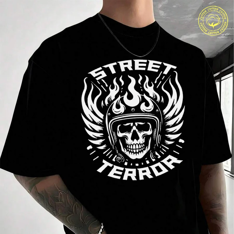 

Men Cotton T-Shirt Skeleton Decal Biker Motorcycle Moto T Shirt O-neck Short Sleeve Tees Fashion Hip Hop Tshirt