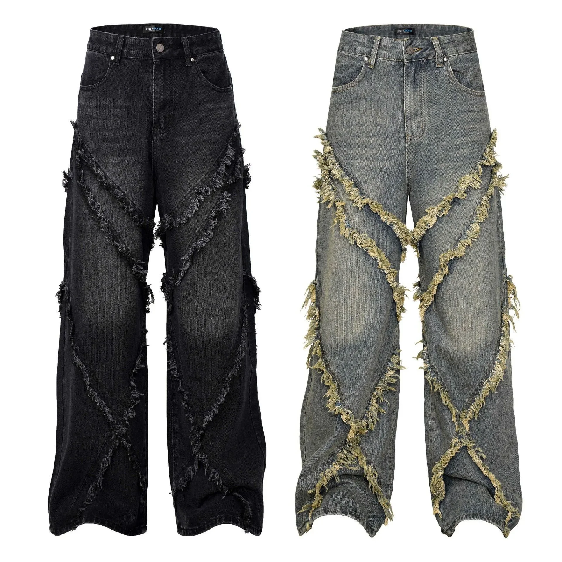 

Pop High Street American Washed Old Splicing Cat Whisker Jeans Men's And Women's Same Trendy Brand Loose Wide Leg Straight Pants