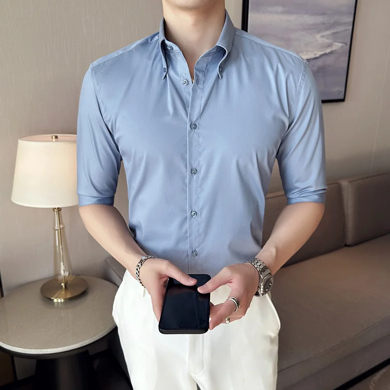 Men Luxury Brand 2023 Male Half Sleeve Hawaiian Shirts Casual Metal Buckle Hit Color Slim Fit Black Men's Dress Blouses