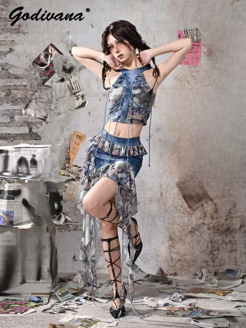 جديد الصيف Y2k الضالة الرياح فراشة طباعة ملطخ بولي Leather الجلود الربط حمالة حبال علوية الرسن تنورة غير النظامية 3 قطعة مجموعة #5