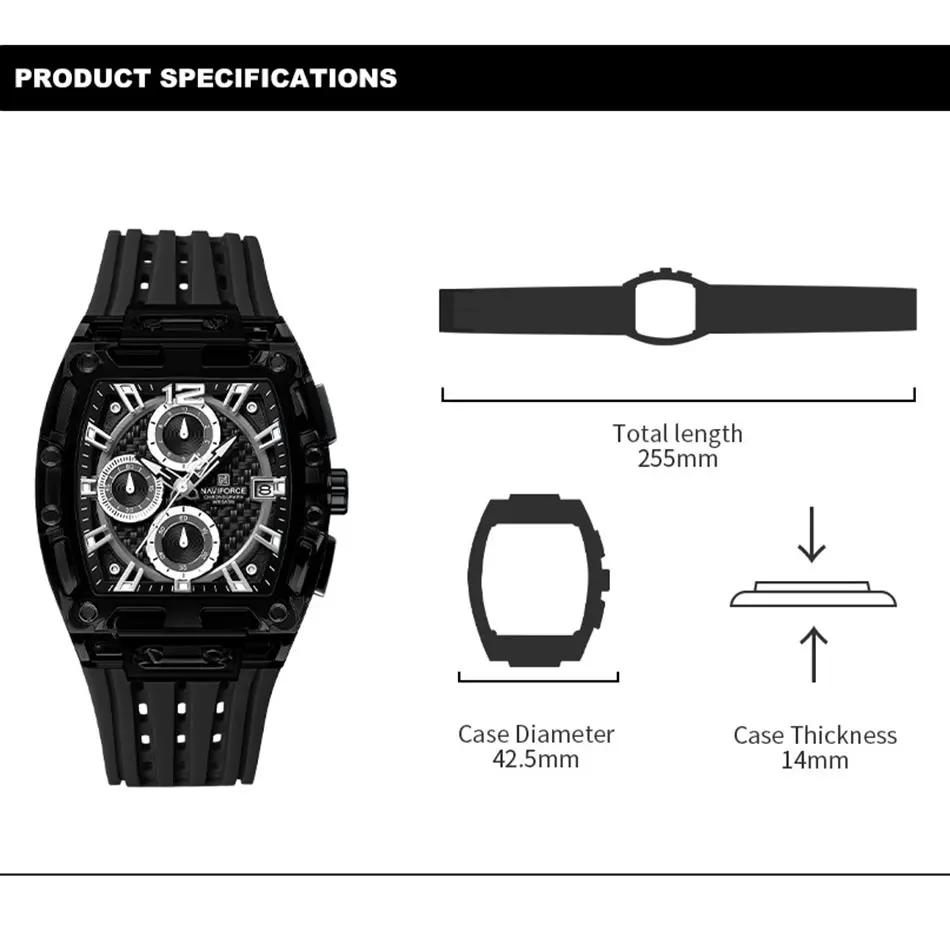 NAVIFORCE Sports Rectangular Watches Large Dial Casual Luminous Quartz Watch Silicone Bands Military Wristwatches with Auto Date