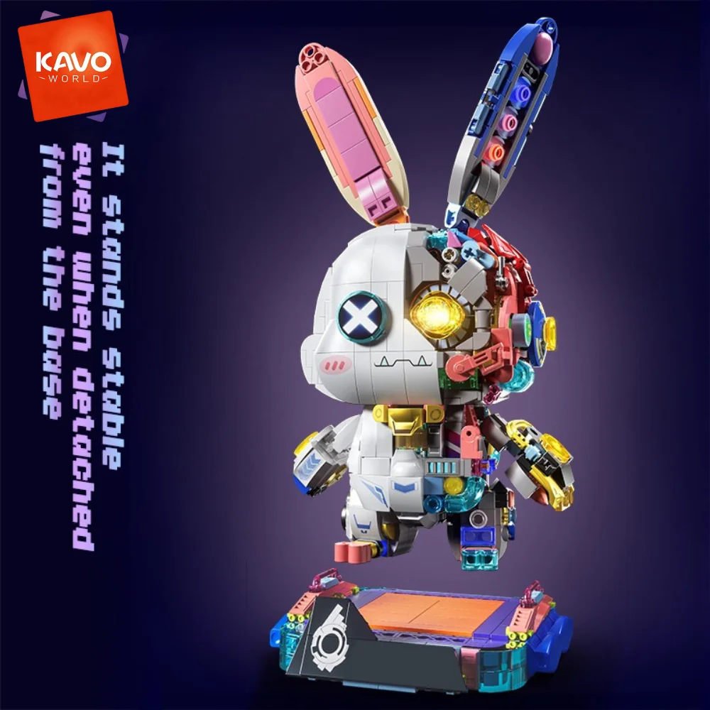 KAVOWORLD Cyberpunk Mechanical Rabbit Building Blocks Set LED Light Up Glow-in-the-Dark Bunny Bricks Kit with Gold-plated Parts Semi-transparent Disassembly Design Collectible Desk Decor for Teens Adults Birthday Christmas Gift 1377pcs view 4