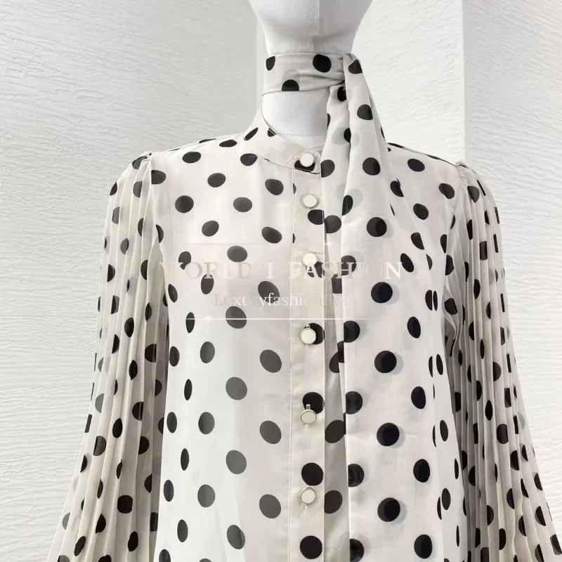 

White Black Dot Print Long Sleeve Blouse Tops and Pleat Midi Skirt Sets 2025