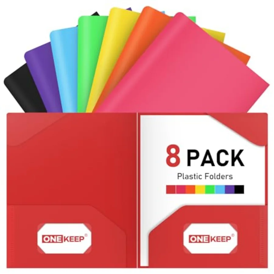 

8 Pack Plastic folders with Pockets 2-Pocket Document Folders with 2 Corner Protectors and 2 Business Card Slots, Assorted Colo