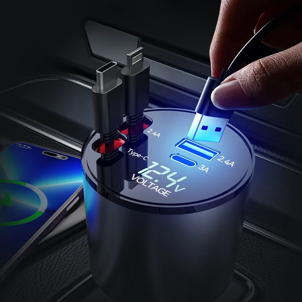 

5 in 1 Metal Car Charger, Super Fast Charging, Telescopic Cable, Car Cigarette Lighter, PD300000 Bending Mini Car Charger