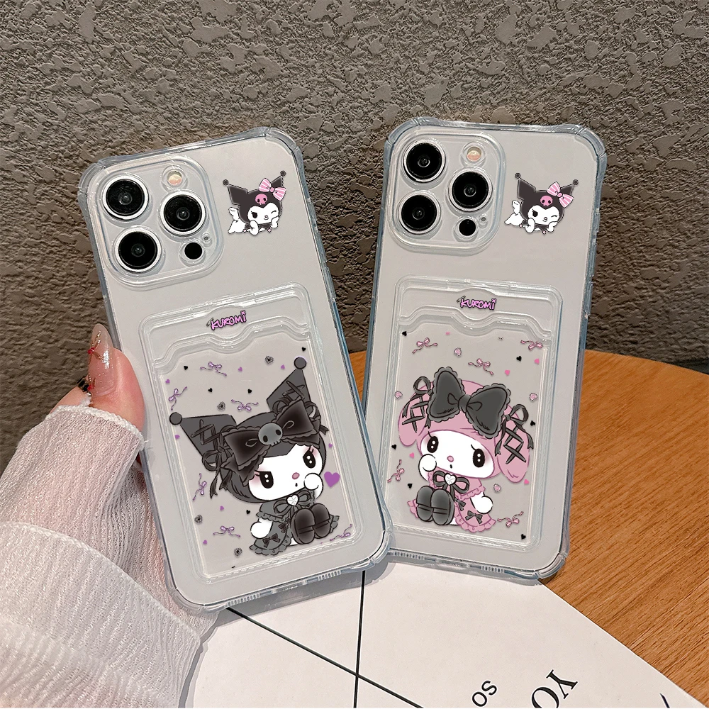 Cute Kuromi My melody Card Hold Case For iPhone 16 15 14 13 12 11 Mini Pro Max X XR XSMax 6S 6 7 8 Plus Anti-fall Clear Cover