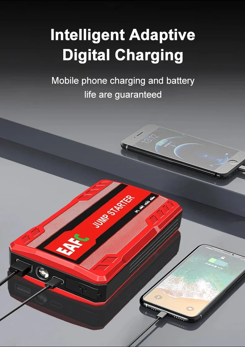 EAFC 600A Peak Car Jump Starter Power Bank, tragbarer 12-V-Batterieladegerät-Booster mit USB-Anschluss und SOS-LED-Licht – Detail 13