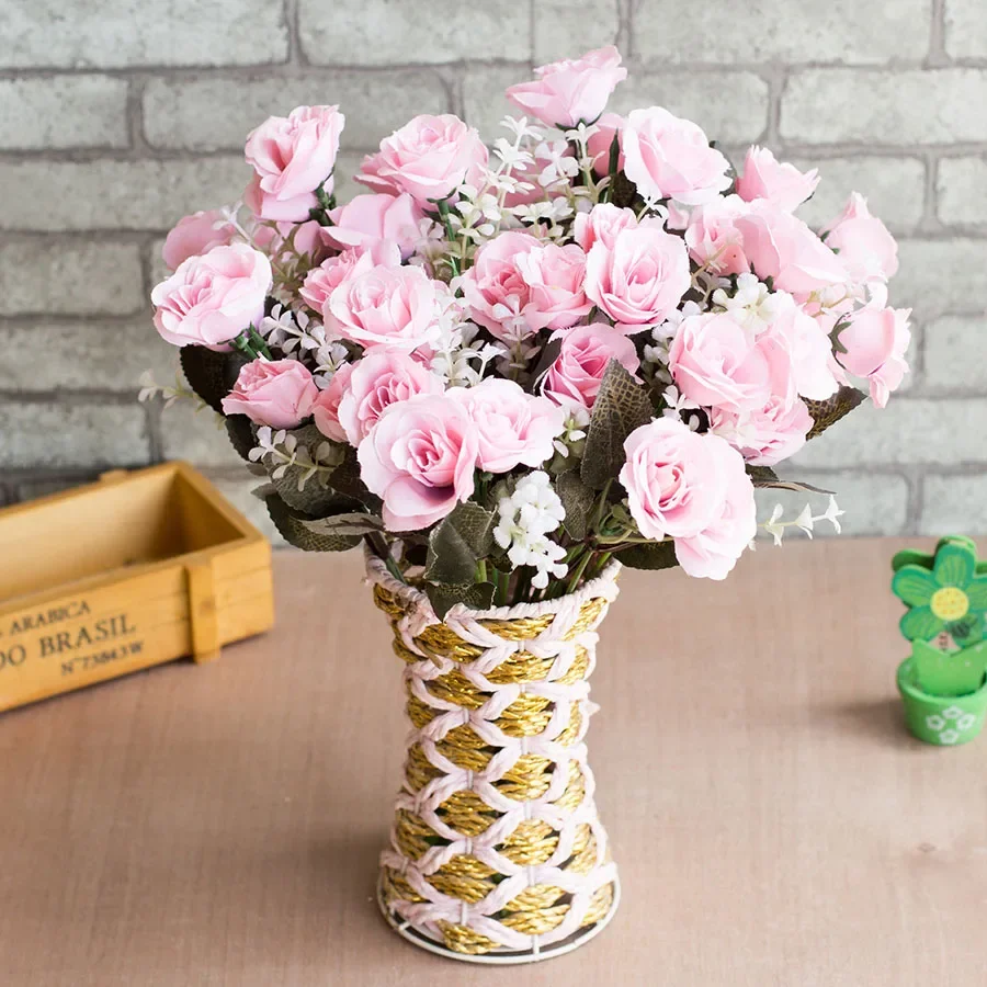 

12 Heads pink blossom rose flower vivid mini silk artificial flowers bouquet decoration for wedding home high quality life Roses