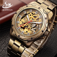 SHENHUA 9536 Men's Automatic Mechanical Watch Bronze Skeleton Casual Men Watches Life Waterproof relogios masculino reloj hombre