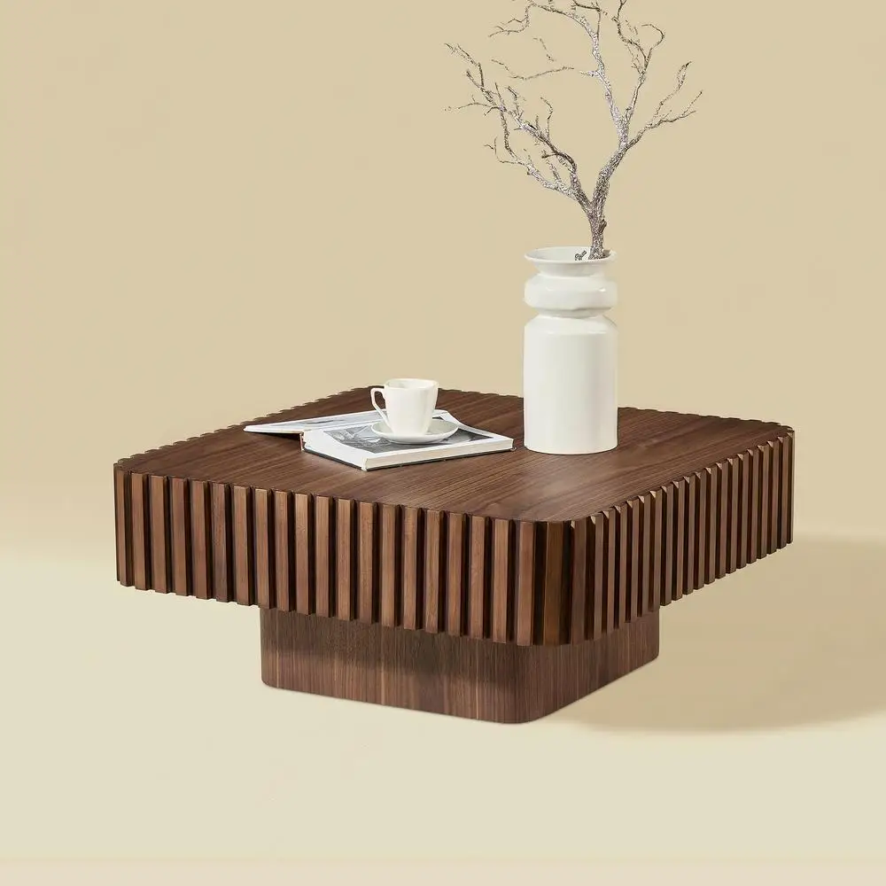 

31.5 Inch Modern Square Drum Coffee Table Walnut Wood Veneer MDF Pedestal Base for Living Room Bedroom