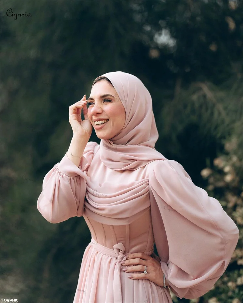 Ciynsia-Hijab musulmán rosa De Dubái, vestido De noche De gasa De línea A, manga larga, vestido Formal De graduación, Túnica árabe saudita, 2024