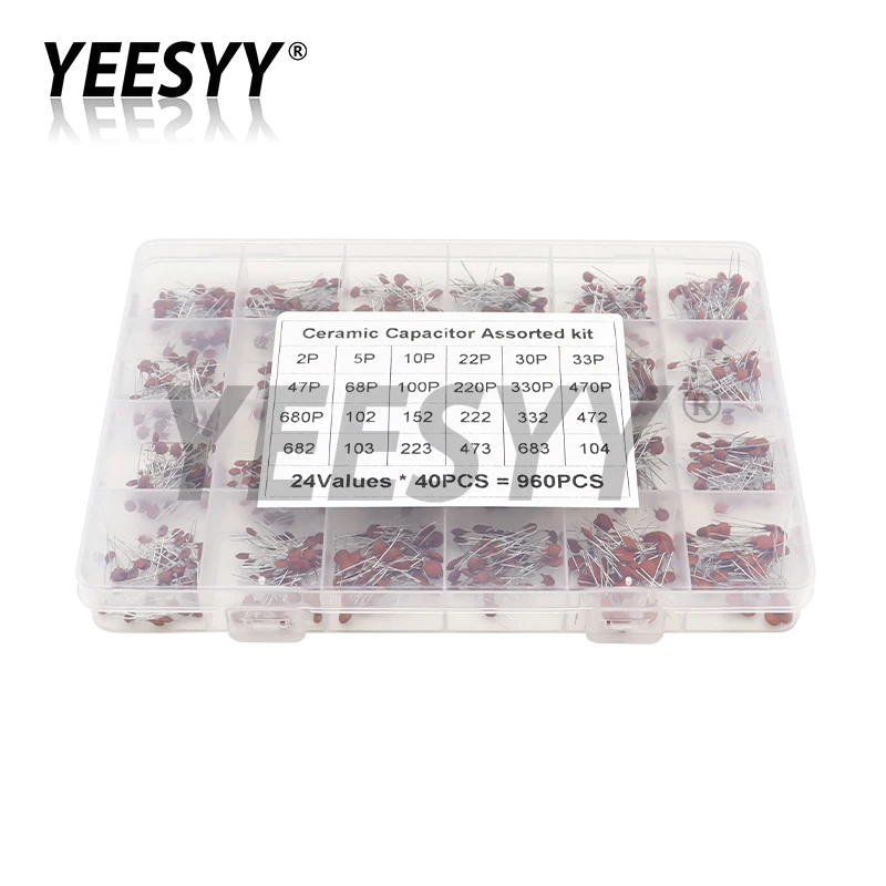 

960pcs 24Values*40pcs Ceramic Capacitor Assortment Kit 50V 2pF - 0.1uF Capacitance Set DIY Pack